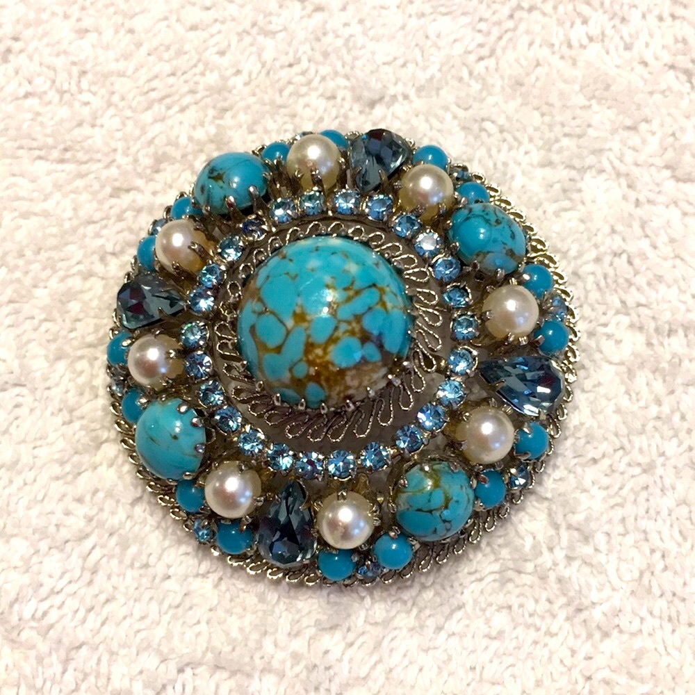Faux Turquoise, Pearl & Rhinestone Brooch